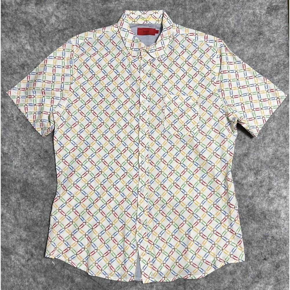 Project Red Paper Clip Allover Print Shirt Men's XL Multi Button Up Cotton